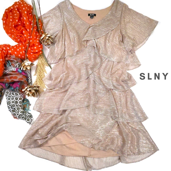 SLNY Dresses & Skirts - SLNY Shimmering Rose Gold Layered Dress Sz 12